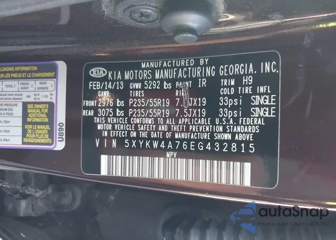 2014 Kia Sorento Sx from USA, damaged, VIN 5XYKW4A76EG432815